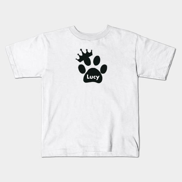 Lucy cat name made of hand drawn paw prints Kids T-Shirt by GULSENGUNEL